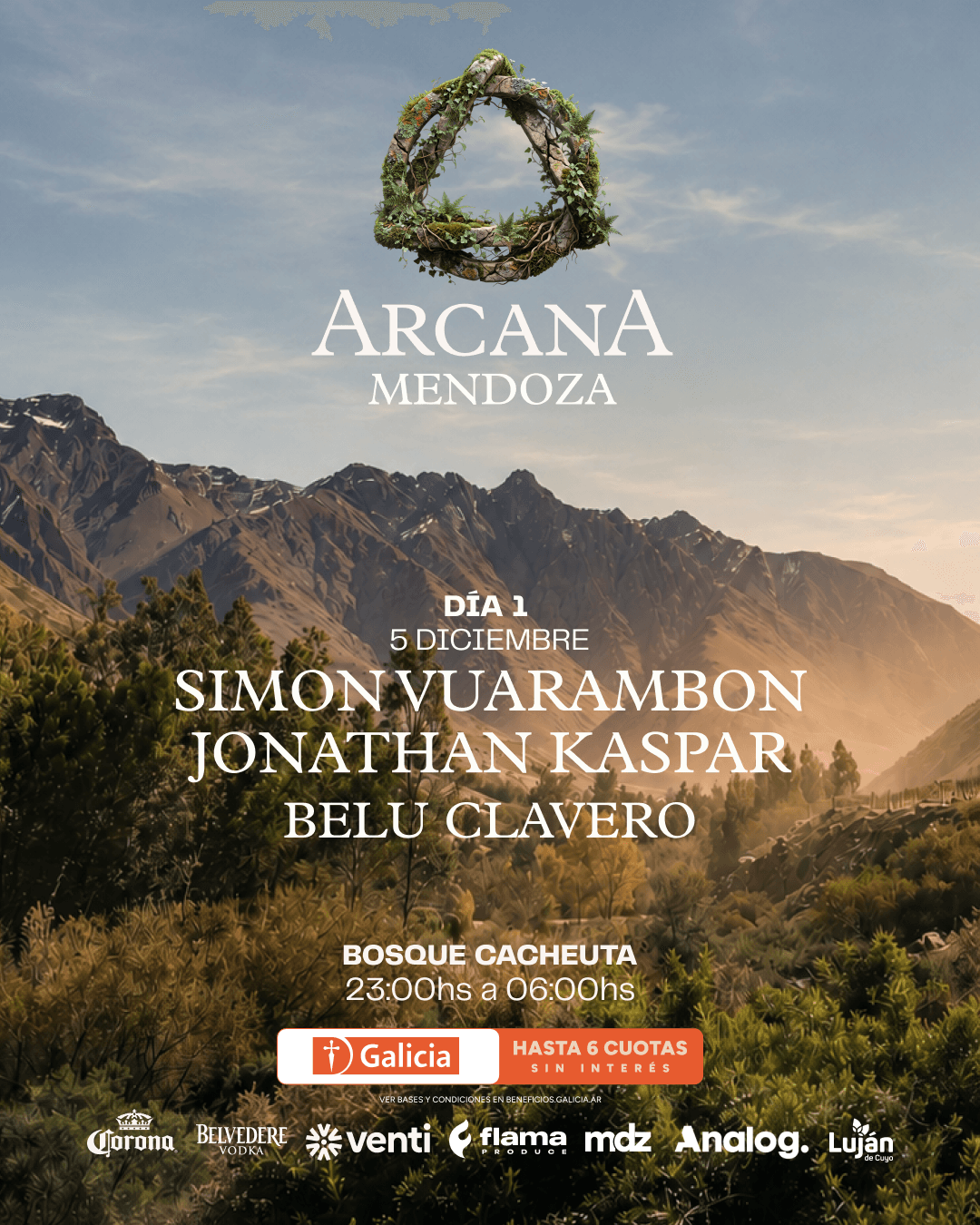 Simon Vuarambon + Jonathan Kaspar + Rafael + Dawn Patrol, Arcana Mendoza x Flama, Bosques Cacheuta Mendoza