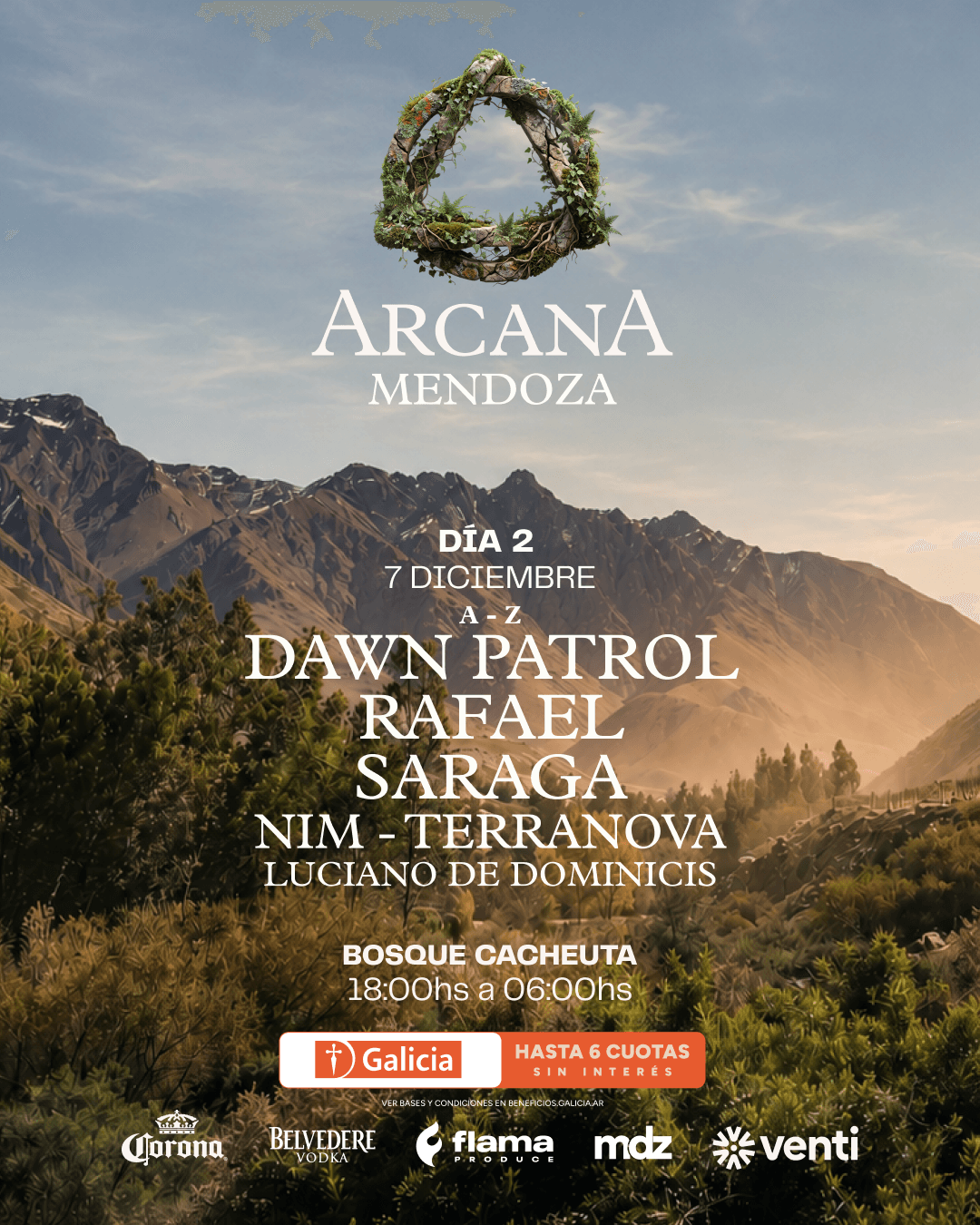 Simon Vuarambon + Jonathan Kaspar + Rafael + Dawn Patrol, Arcana Mendoza x Flama, Bosques Cacheuta Mendoza